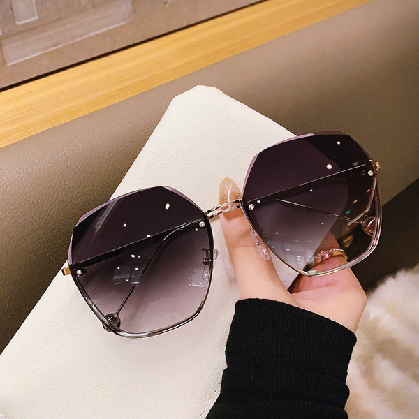 New Sunglasses Women Oversized Cat Eye Eyewear 2021 Gradient Brown Pink  Rimless Sun Glasses for Female Gift Brand Designer Uv400