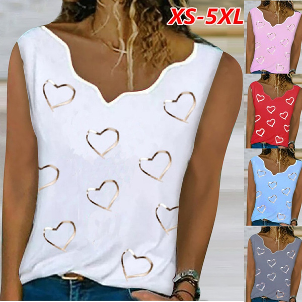 Women Heart Printed Vest Tank Tops Summer Sleeveless T Shirt Casual Blouse Tees