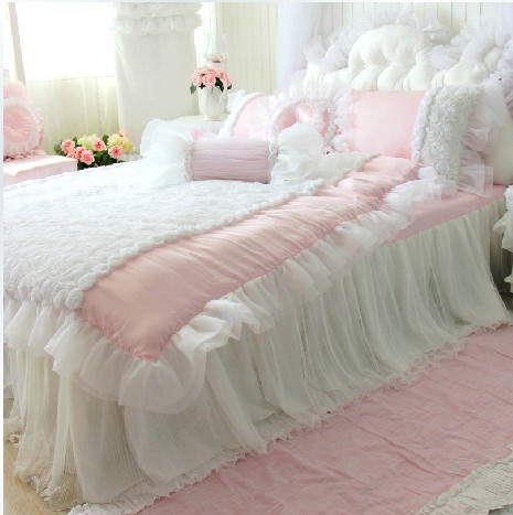 Pink Princess Luxury Lace 3d White Rose, White Ruffle King Bedspread