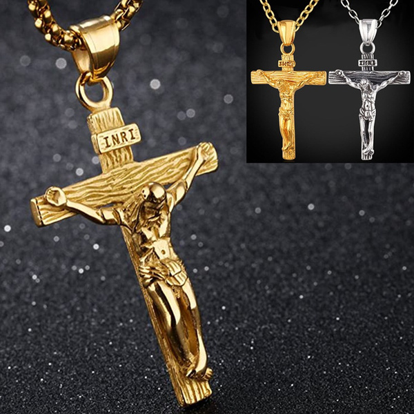 Gold Plated Women's Sunburst High Polish Crucifix Necklace