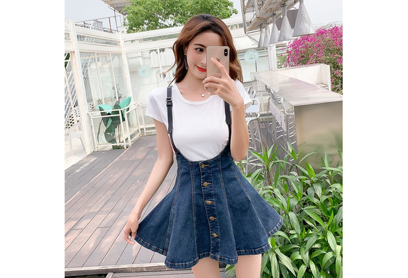 Plus Size S 5XL Women Denim Suspender Dress Spring Summer Autumn Fashion Casual A line Sweet Slim Ripped Cowboy Jean Short Skirt Overalls Blue Wish