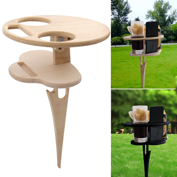 QKFON Outdoor Wine Table Portable Table with Foldable Round Desktop Wooden Picnic Table for Families Camping Enthusiasts You Can Use It in Gardens/Courtyards/Campfires/Parks and Beach Concerts 