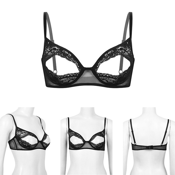 Women's Lace Sheer See-Through Hollow Out Wire-Free Unlined Bra Nipple  Split Triangle Bralette