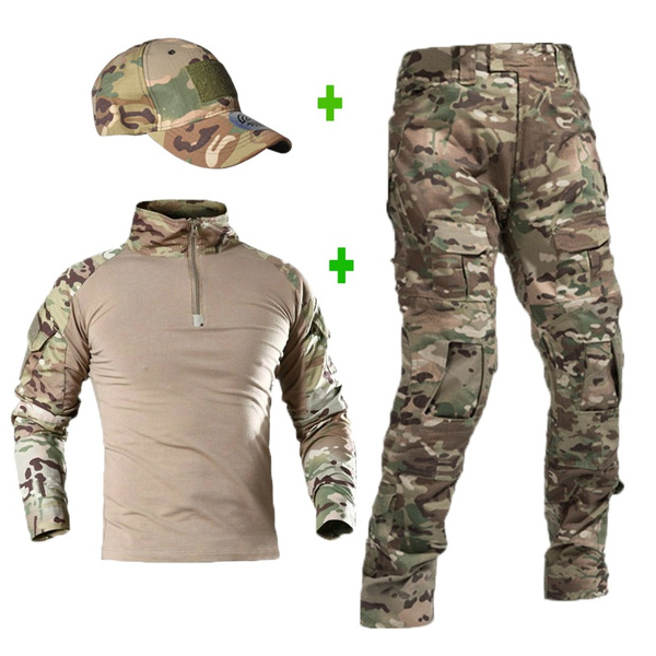 2021 Tactical Camouflage Military Uniform Clothes Suit Men US Army Clothes  Army Combat Shirt + Cargo Pants with Tactical Hat S-4XL