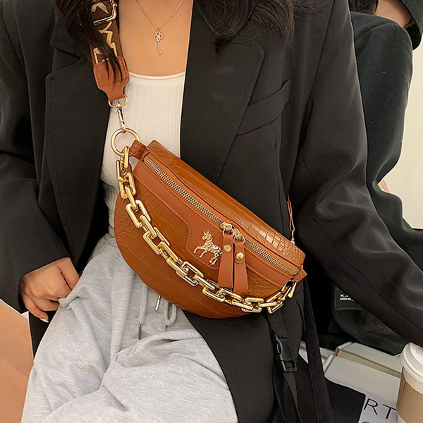 Women Chain Fanny Pack Leather Waist Bag Luxury Chest Belt Bags