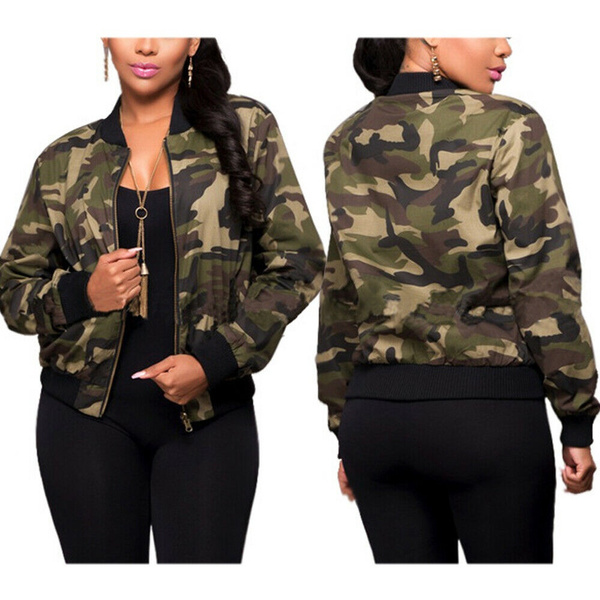Women Sleeve Camo Camouflage Bomber Zipper Outwear Cropped | Wish