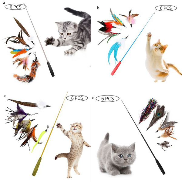 6PCS Cat Teaser Toy 3 Levels Retractable Cat Fishing Rod Toys & Cat Feather  Wand