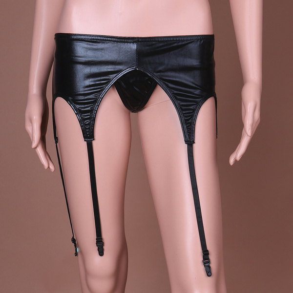 Women Wetlook Patent Leather Garter with Gstring Panty Plastic/ Metal