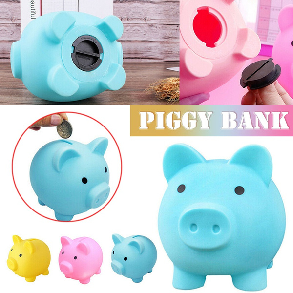 NEW BLUE PLASTIC PIGGY BANK SAVE COINS AND CASH FUN FOR KIDS 