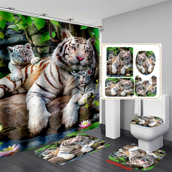 Animal Tiger Art Shower Curtain Set Bathroom Rug Non-Slip Mat Toilet Lid Cover 