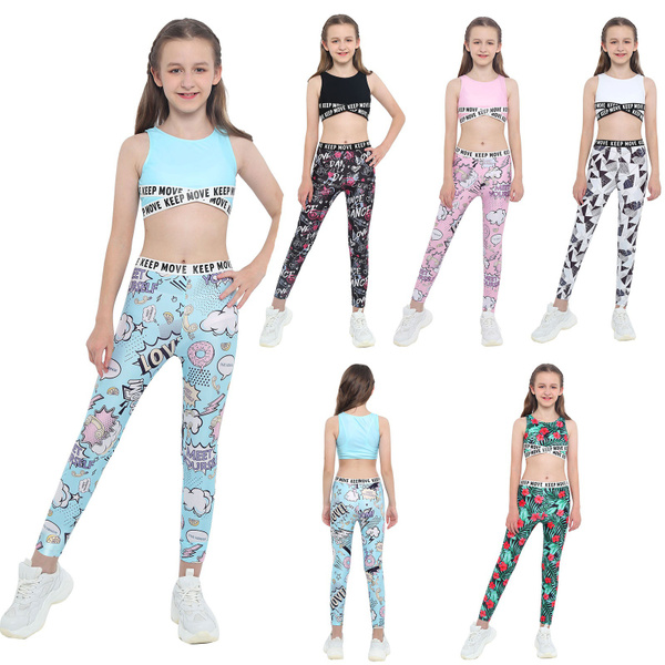 Kids Girls Gym Dance Outfits Sports Bra Tanks Legging Set