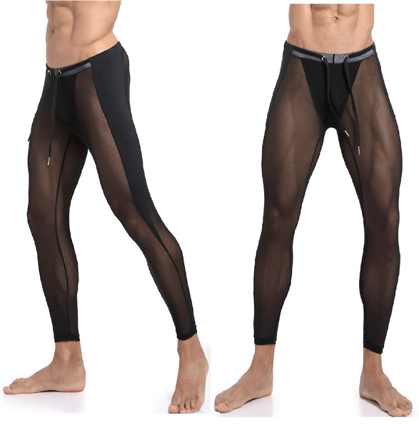 Men's Mesh Yoga Pants See-Through Fabric Compression Tights Workout Leggings