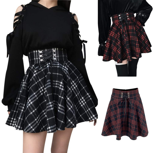 Women Girls Plaid Skirts High Waist A-Line Belt Lace Up Mini Pleated Skirt  Dress