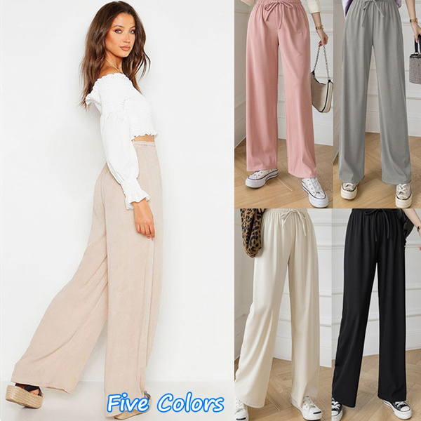 2021 Hot Sale Ice Silk Summer Wide Leg Pants for Women Casual Elastic Plus  Size High Waist Loose Long Pants Pleated Pant Trousers 5 Color