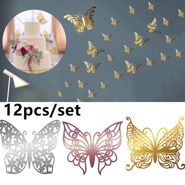 12Pcs 3D Wall Stickers Hollow Rose Gold Golden Silver Butterfly Wall  Stickers Diy Art Home Decor Wall Decals Wedding Decoration