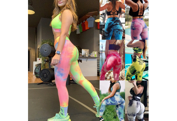 Trendy Women's Tie-Dye Bubble Ruched Butt Lifting Exercise Leggings High  Waisted Tummy Control Skinny Pants for Running Yoga Fitness