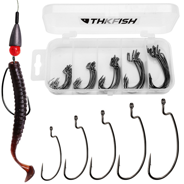 THKFISH 30pcs/50pcs Offset Hooks Extra Wide Gap Shank Worm Hooks Round Bend  Replacement Fishing Hooks #2 #1 1/0 2/0 3/0