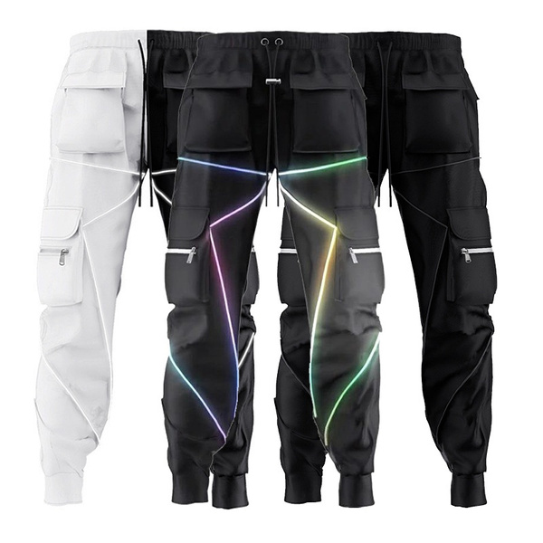 Mens Reflective Pants Multi-pocket Cargo Pants Hip Hop Trousers Street  Style Fashion Casual Pants