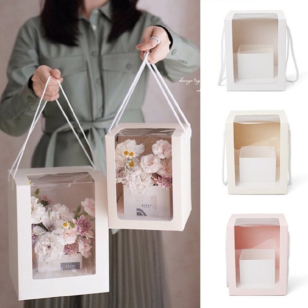 5Pcs Transparent Square Gifts Box With Window Fresh Flower Packing Boxes  Pink Paper Bag For Father'S Day Wedding Birthday Party Gifts
