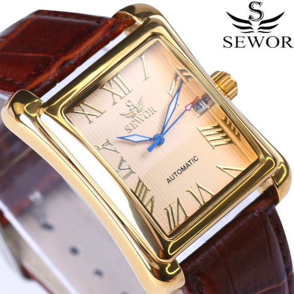 SEWOR Rectangular Men Business Watches Automatic Mechanical Watch Roman Display Antique Clock Wrist Watch Montre Uhr with Gift Box