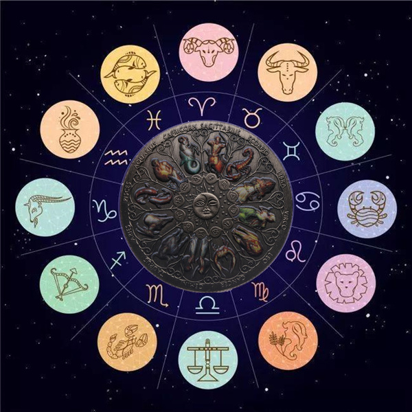 Zodiac 12 Constellations Sun and Moon Relief Painted Commemorative Coin ...