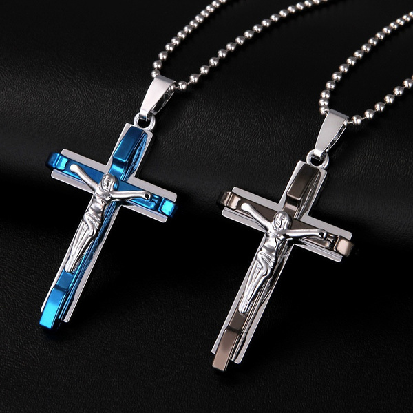 mens cross necklace blue