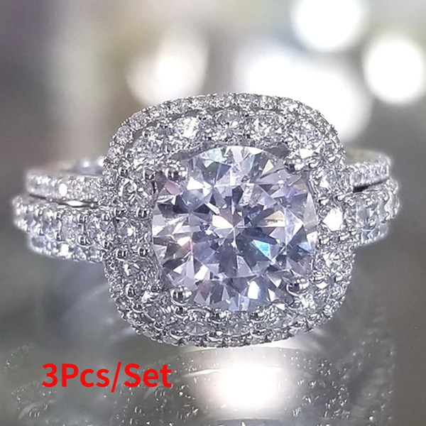 3Pcs Moissanite Lab Diamond Rings Set for Women Wedding Rings Romantic Female Silver