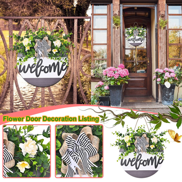 Garden Welcome Sign Wood Flower Wreath Spring Wedding Hanging Front ...