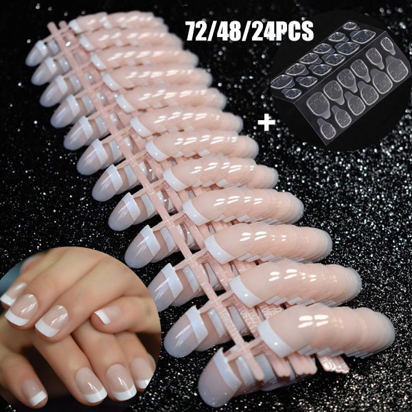 Fashion 24/48/72Pcs Natural French Short False Nails Acrylic Classical Full  Cover Artificial Nails Full Wrap Nail Art Tips for Home Office DIY Decor  with Nail Tape Glue | Wish