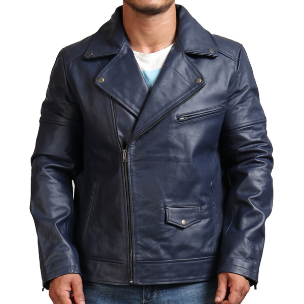 Blue Motorcycle Jacket Mens Blue Leather Jacket Moto Genuine Leather