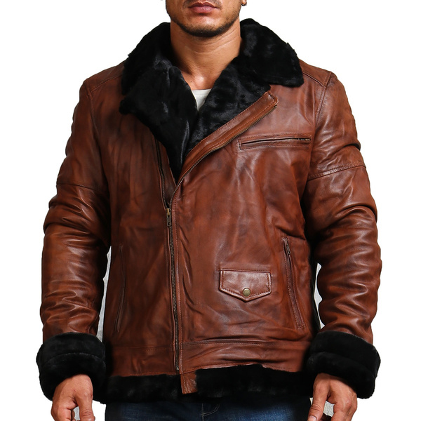 B3 Bomber Leather Jacket with Fur lining HandWaxed Brown Leather