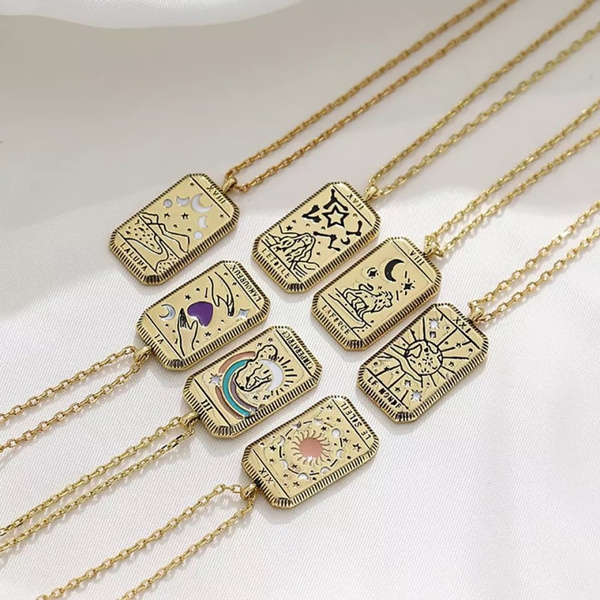 Collier Tarot Coloré En Acier Doré 18k - Pendentif Carte Soleil Et Lune, Chaîne 40 Cm + Extenseur