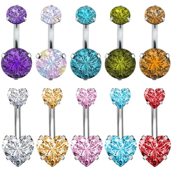 1 Pc Sexy Stainless Steel Belly Ring 14g Colorful Double Zircon Gem Belly Pierings Heart Round 