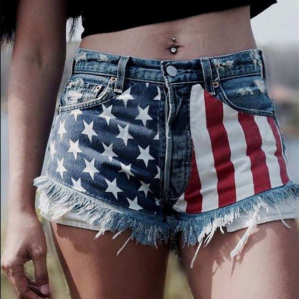 Women's Red, White and Blue American Flag Denim Liberty Jean Shorts for ...