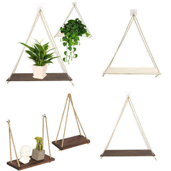 Solid Wood Rope Hanging Wall Shelf Vintage Floating Storage Rack Home
