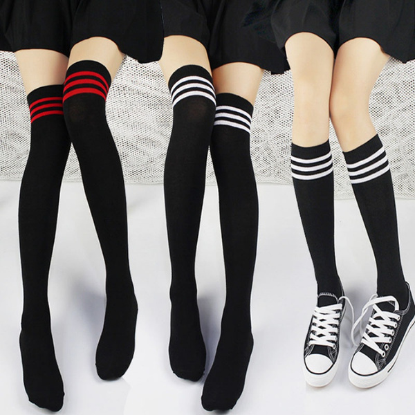 Women Thigh High Over The Knee Socks For Lady Black White Striped
