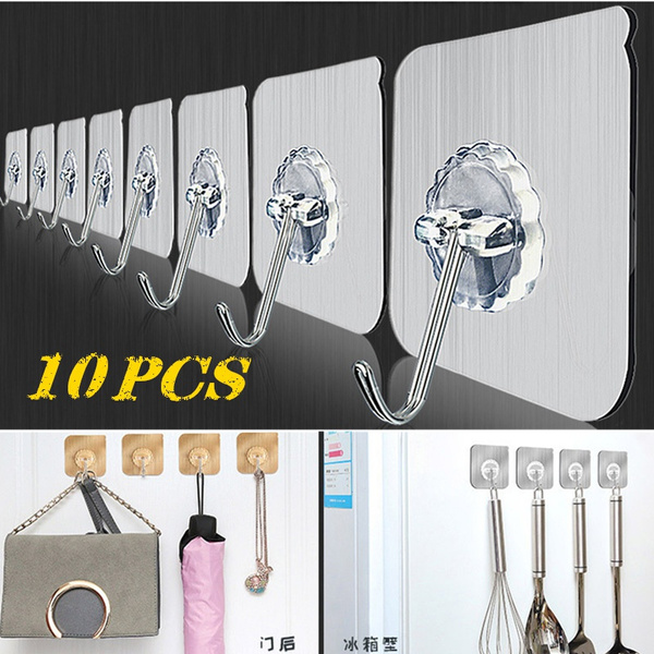 10pcs Kitchen Seamless Adhesive Hook Bathroom Transparent Wall