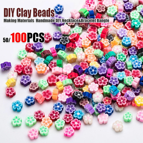 100 Pcs Round Beads Flower Polymer Clay Bracelet Beads 