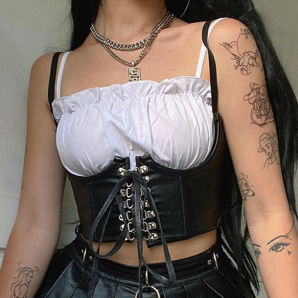 Goth Gothic Black PU Leather Lolita Cute Corset Women Girls Lace
