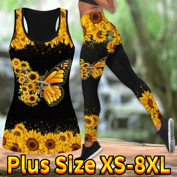 Seamless Women Yoga Pants Faith Sunflower And Butterfly Black Hollow Tank  Top And Legging 3D All Over Print Leggings Gym Fitness Sport Running High  Waist Leggings Plus Size XS-8XL