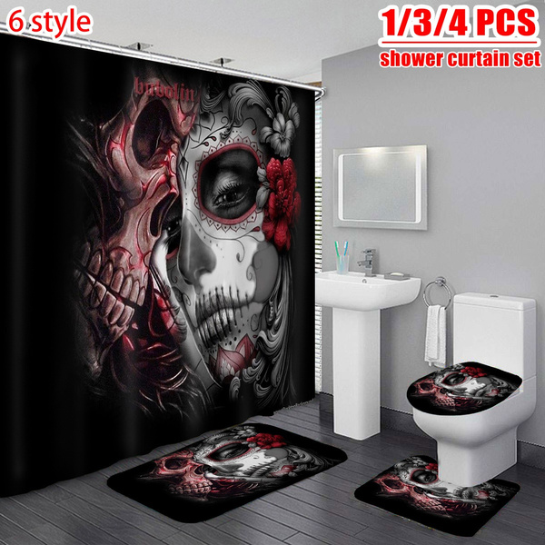 Skull Doormat Door Bath Mat Toilet Cover Rugs Shower Curtain Bathroom Decor 