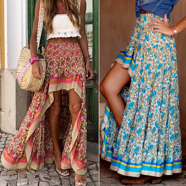 2021 Bohemian Style Short Skirt Ladies Irregular Long Floral Skirt Summer Sexy Beach Skirt Long