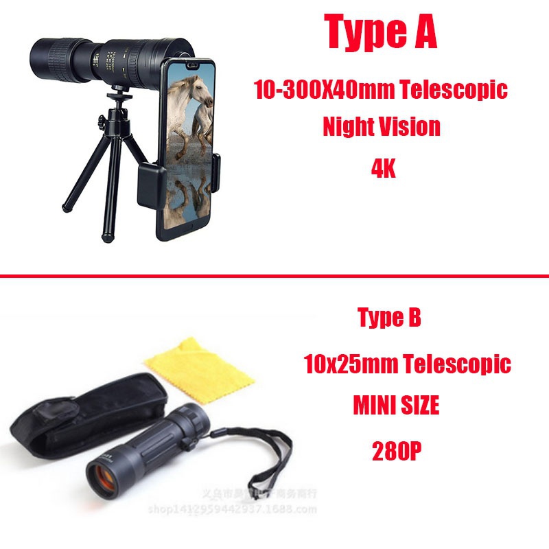 4K 10-300X40mm Super Monocular Telescope Fogproof Telephoto Zoom Monocular Telescope Portable Military Zoom Dual Focus BAK4 4K HD Lens Night Vesion phone monocular Telescope For Travel