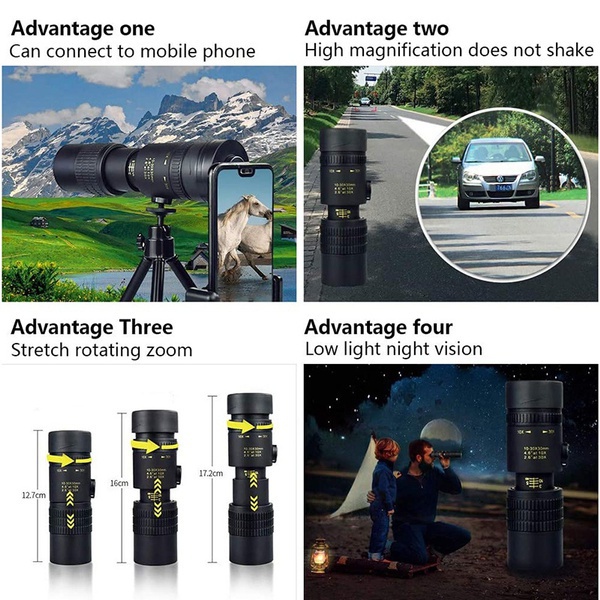 4K 10-300X40mm Super Monocular Telescope Fogproof Telephoto Zoom Monocular Telescope Portable Military Zoom Dual Focus BAK4 4K HD Lens Night Vesion phone monocular Telescope For Travel