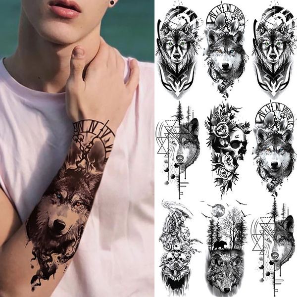 Death Skull Temporary Tattoo - Fake Wolf Tattoos Sticker Full Arm  Decoration 1pc