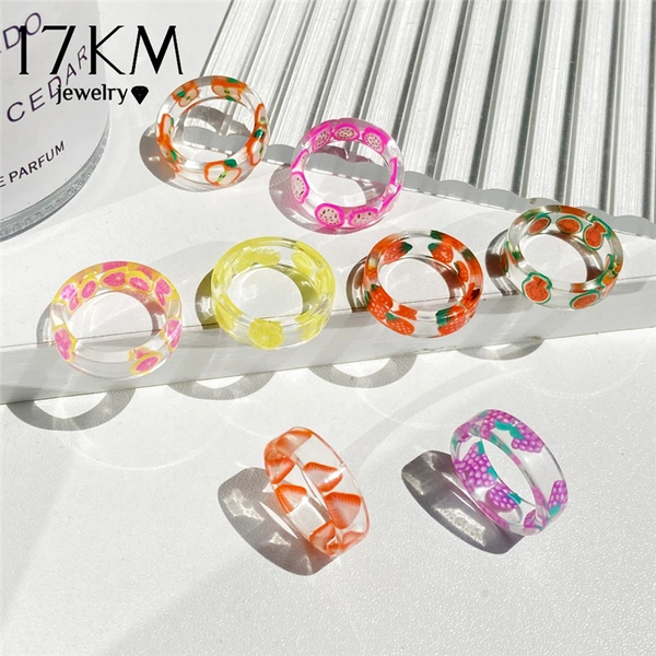Women Acrylic Ring Cute Fruit Ring Vintage Resin Ring Square Finger Ring Gifts