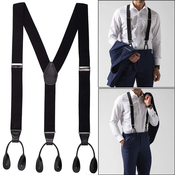 Men's Fashion Black Leather Trimmed Button End Suspenders 3.5cm Wide 49 ...