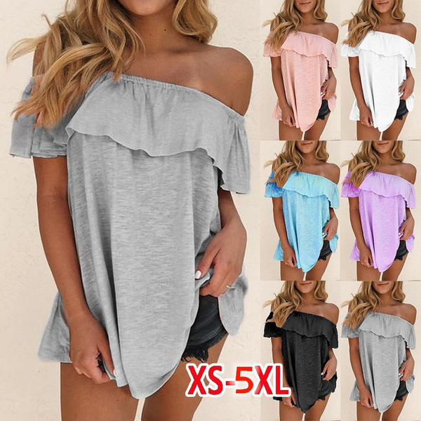 Summer Clothes Women's Fashion Casual Short Sleeved Plus Size Sexy Off Blouses Ladies Solid Color Loose Tops |