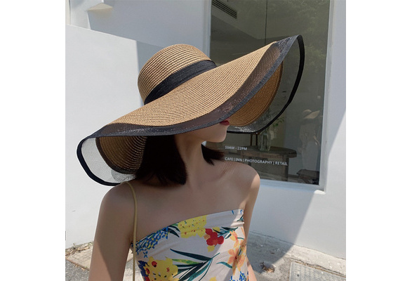 2021 New Sun Hats for Women Girls Wide Brim Floppy Straw Hat Summer Bohemia Beach  Cap Fashion Ribbon Net Gauze Sun Visor Hat