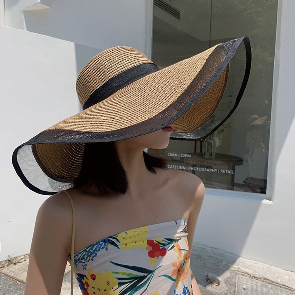 2021 New Sun Hats for Women Girls Wide Brim Floppy Straw Hat Summer Bohemia Beach  Cap Fashion Ribbon Net Gauze Sun Visor Hat